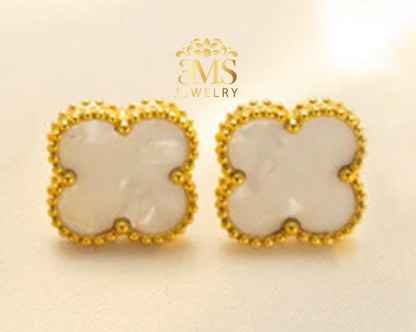 "Mother of pearl leaf stud earrings in titanium steel with gold vermeil - front full details"