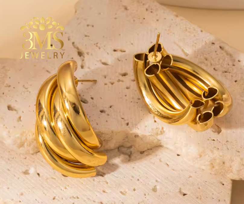 "18K gold drop hoop earring in titanium steel with gold vermeil—side-back view"
