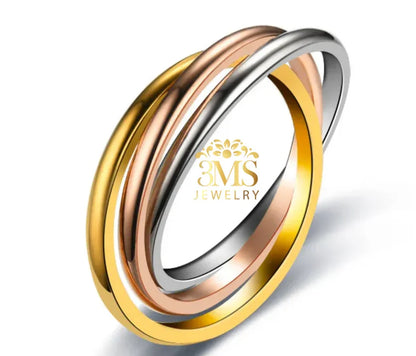 Tri-color interlocking wedding band rings in gold, rose gold, and silver by 3MS Jewelry