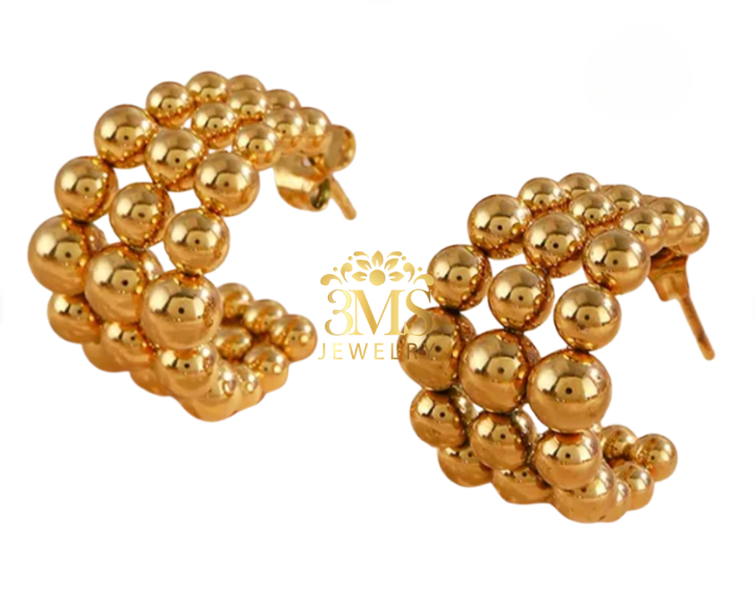 "18K gold hoop beaded earrings in titanium steel with gold vermeil—side-by-side details"