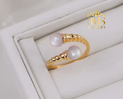 "18K gold adjustable ring with 10mm white and perfect round edison freshwater pearls in sterling silver with gold vermeil - details"