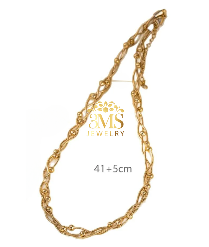 "18K gold braided bead necklace in titanium steel with gold vermeil - size details view"
