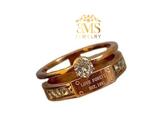 "Zircon stone rose gold ring in titanium steel with gold vermeil - front view"