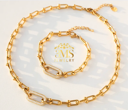 "18K gold link set necklace and bracelet in titanium steel with gold vermeil—full details"
