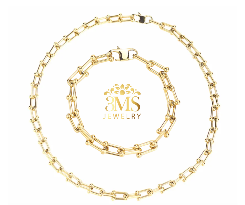 "18K gold chain necklace & bracelet set in stainless steel with gold vermeil - full details"
