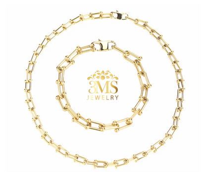 "18K gold chain necklace & bracelet set in stainless steel with gold vermeil - full details"