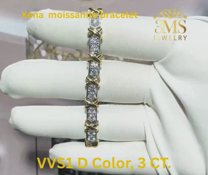"3.0 ct. VVS1 D colorless moissanite diamond tennis bracelet in sterling silver with white and yellow gold vermeil - full details"