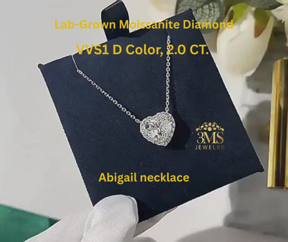 "2.0 ct. moissanite diamond heart necklace perfect cut flawless D color in sterling silver with white gold vermeil - full view"