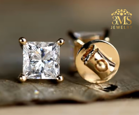 "Lab diamond princess-cut stud earrings in rose gold setting in 14K gold in back-to-back view details"