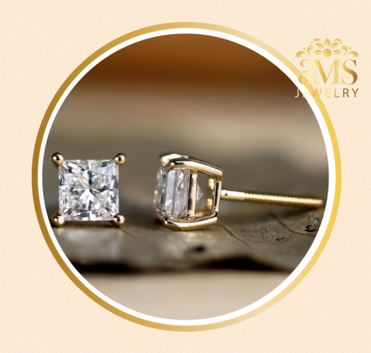 "Lab diamond princess-cut stud earrings in rose gold setting in 14K gold in front-side view details"