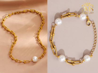 "18K gold set necklace and bracelet with 10mm faux pearls in stainless steel with gold vermeil - front full view"