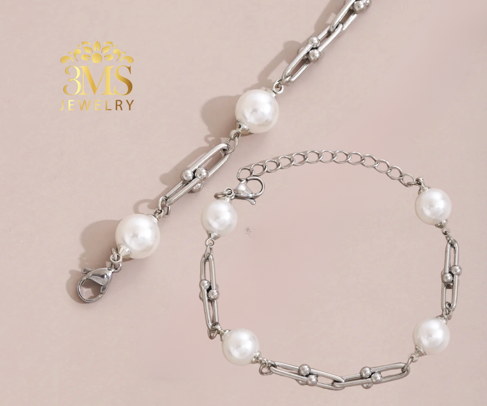 "18K white gold set necklace and bracelet with 10mm faux pearls in stainless steel with gold vermeil front details"