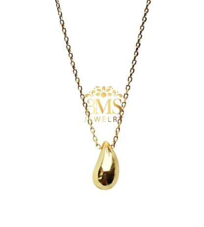 Gold teardrop pendant necklace on fine chain with 3MS Jewelry logo