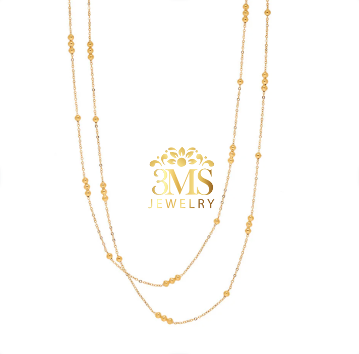 "18K gold 2-layer bead necklace in titanium steel with gold vermeil—front length details"