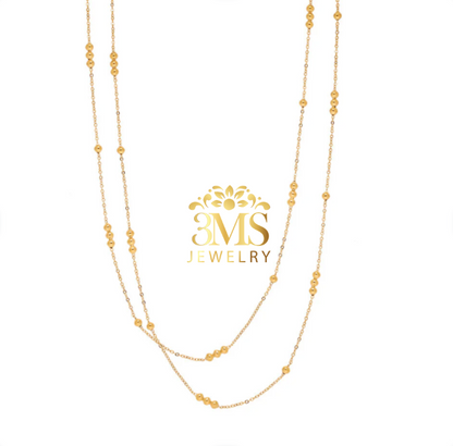 "18K gold 2-layer bead necklace in titanium steel with gold vermeil—front length details"