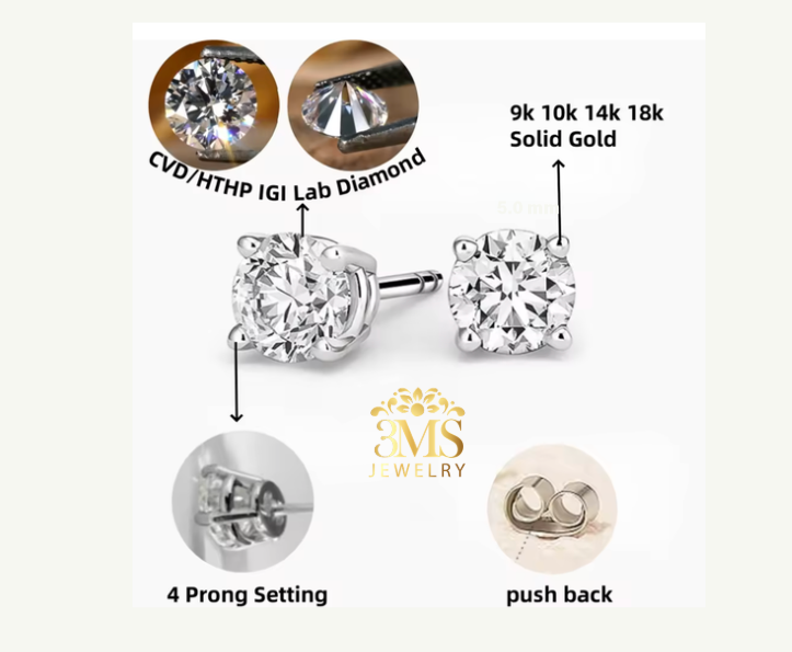 "Lab-grown round brilliant-cut diamond stud earring set in 14K gold—front-side view with front and back details."