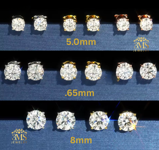 "Lab-grown round brilliant-cut diamond stud earring set in 14K rose, yellow, and white gold—close-up view with size details"