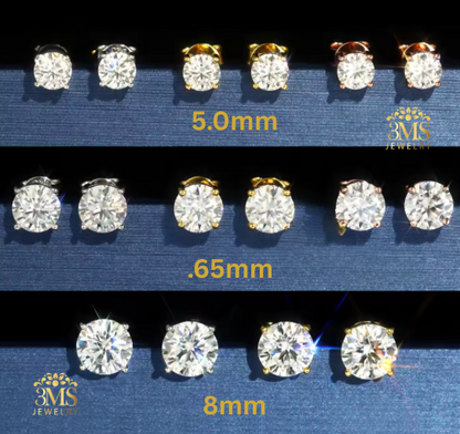 "Lab-grown round brilliant-cut diamond stud earring set in 14K rose, yellow, and white gold—close-up view with size details"