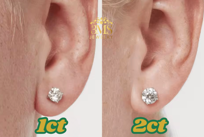 "Lab-grown round brilliant-cut diamond stud earring set in 14K gold on wearing—front close-up view."