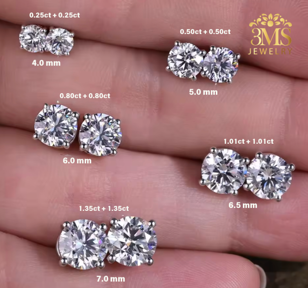 "Lab-grown round brilliant-cut diamond stud earring set in 14K white gold—front-side view with each sizes."