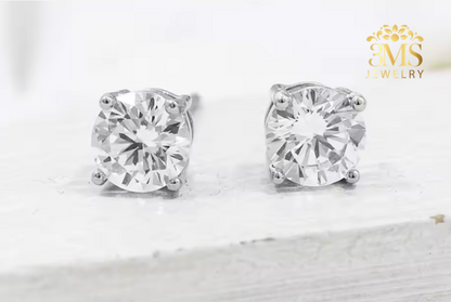 Beatrice Moissanite Round Brilliant-cut Stud Earrings 2.0 ct. & 4.0 ct. (S925 sterling silver & Rhodium-plated)