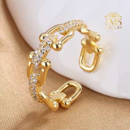 "18K gold open ring with zircon in sterling silver with gold vermeil - side view"