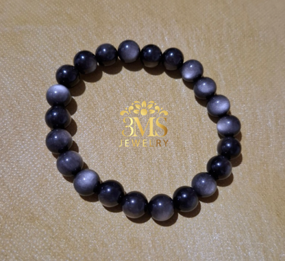 "7A grade silver obsidian crystal 5mm beads - front view"