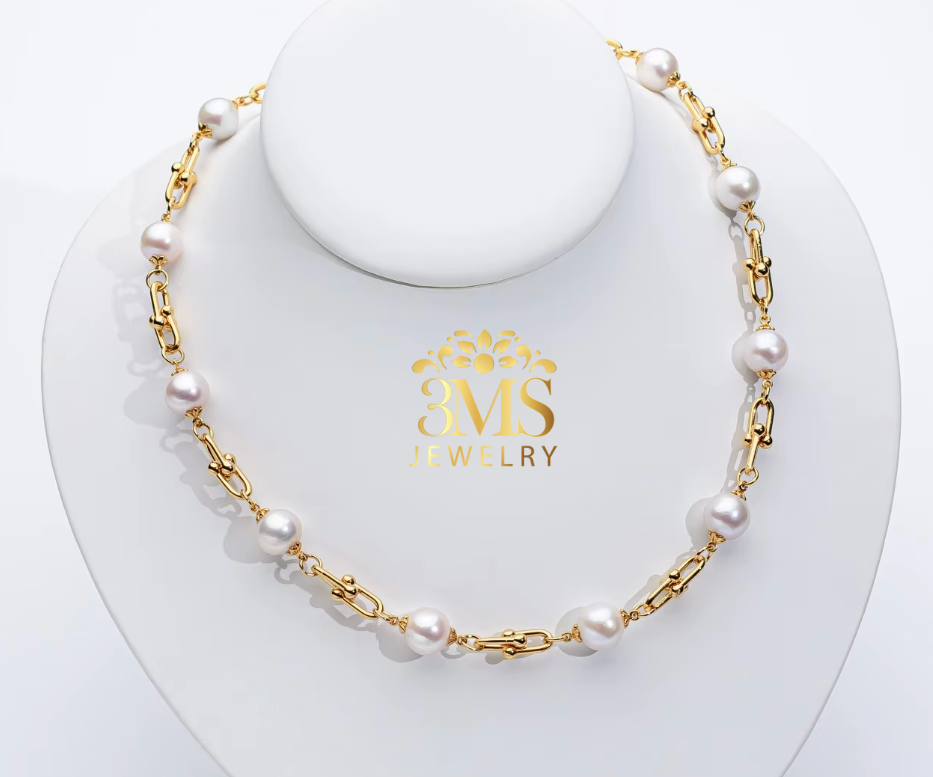 "18K gold pearl link necklace and bracelet set with 11 pieces of 10 mm white perfect round Edison freshwater pearls in stainless steel with gold vermeil - front view"
