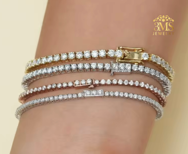 "Lab diamond tennis bracelet set in 14K white, rose and yellow gold on wrist wearing-view in details"
