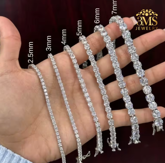"Set of Lab diamond tennis bracelet set in 14K white gold on wrist wearing—full view in details"