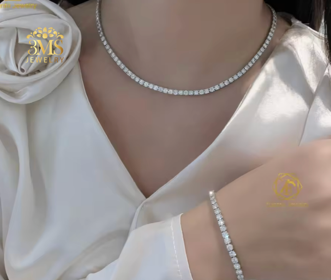 "Lab diamond tennis chain necklace set in 14k gold—person on wearing full front view"