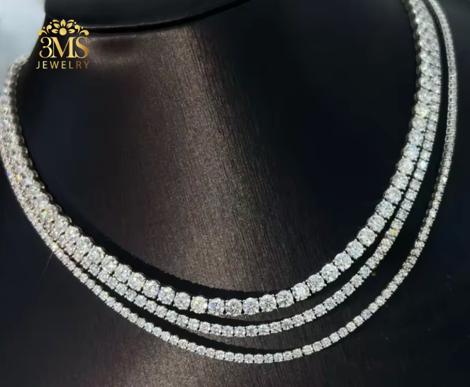 "Lab diamond tennis chain necklace set in 14k gold—full front view"