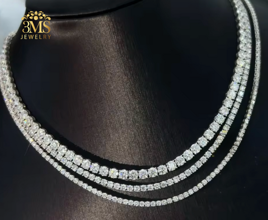 "Lab diamond tennis chain necklace set in 14k gold—full front view"