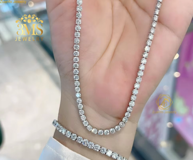 "Lab diamond tennis chain necklace and bracelet set in 14k white gold—full front details view"