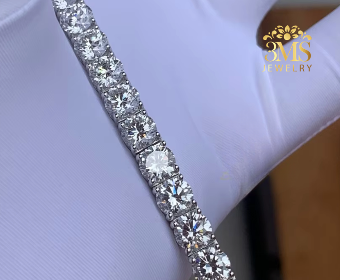 "Lab diamond tennis chain necklace set in 14k gold—full front close up view"