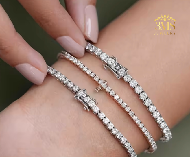 "Lab diamond tennis bracelet set in 14K white gold on wrist wearing-view in details"