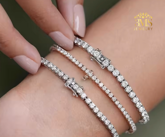 "Lab diamond tennis bracelet set in 14K white gold on wrist wearing-view in details"
