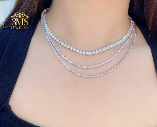 "Lab diamond tennis chain necklace set in 14k gold—on wearing full front view"