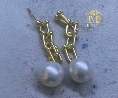 "18K gold chain link dangling earrings with 12mm white perfect round edison freshwater pearls in sterling silver with gold vermeil - front view"