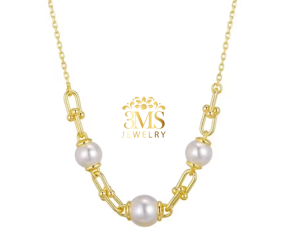 "18K gold link pendant pearl necklace with 12mm white perfect round edison freshwater pearls in sterling silver with gold vermeil - front details"