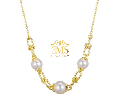 "18K gold link pendant pearl necklace with 12mm white perfect round edison freshwater pearls in sterling silver with gold vermeil - front details"