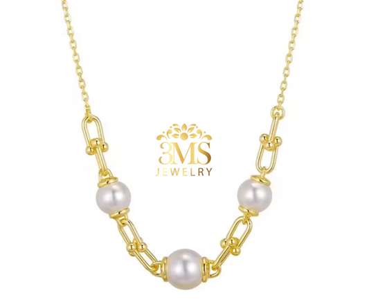 "18K gold link pendant pearl necklace with 12mm white perfect round edison freshwater pearls in sterling silver with gold vermeil - front details"
