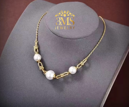"18K gold link pendant pearl necklace with 12mm white perfect round edison freshwater pearls in sterling silver with gold vermeil - side view"