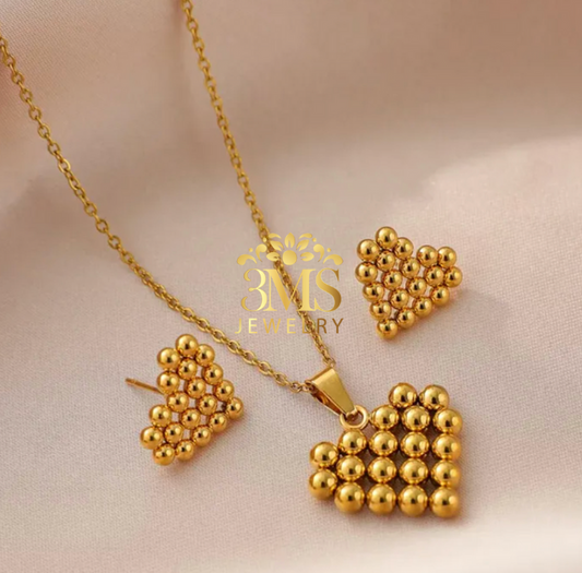 "18K gold beaded heart-shaped set earring & pendant necklace in titanium steel with gold vermeil—full details"