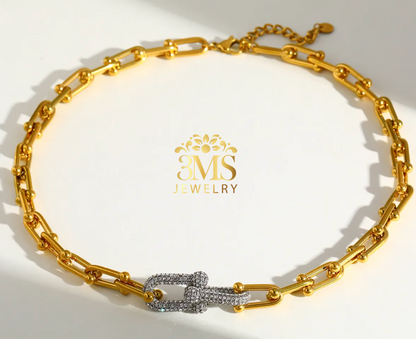 "18K gold necklace with zircon  in stainless steel with gold vermeil - full view details"