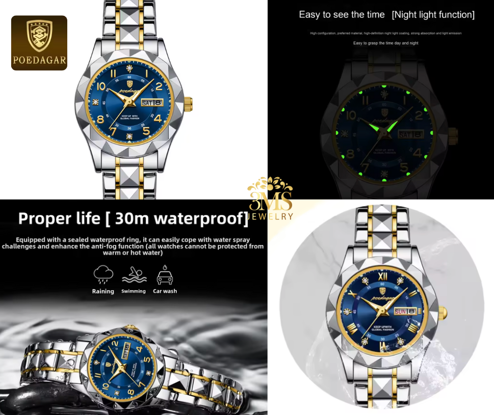 "Stainless steel blue face 28mm quartz watch for women with luminous dial and date/day - complete details"