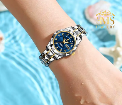 "Stainless steel blue face 28mm quartz watch for women with luminous dial and date/day - on wrist view"