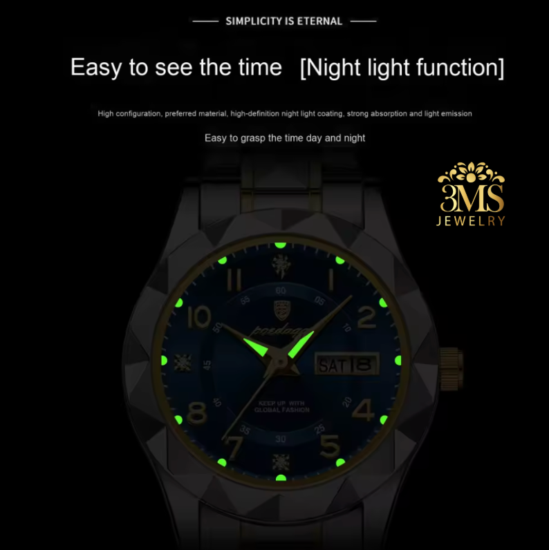 "Stainless steel blue face 28mm quartz watch for women with luminous dial and date/day - night view"