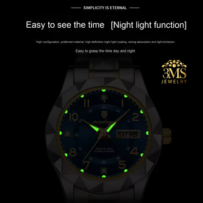 "Stainless steel blue face 28mm quartz watch for women with luminous dial and date/day - night view"