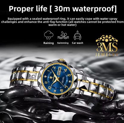 "Stainless steel blue face 28mm quartz watch for women with luminous dial and date/day - zoom side view"